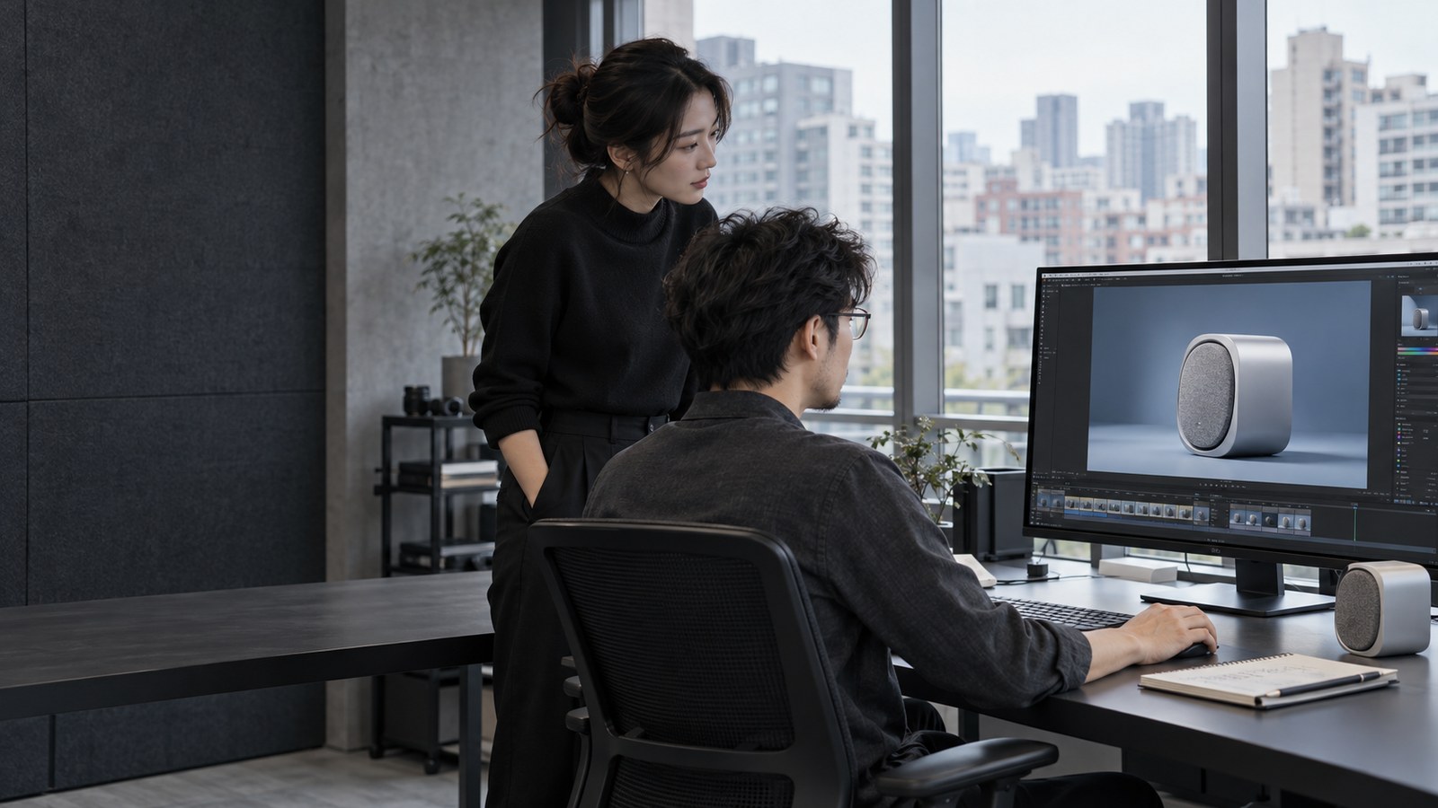 创作人员在工作室审阅产品视觉画面的 AI 生成示意
