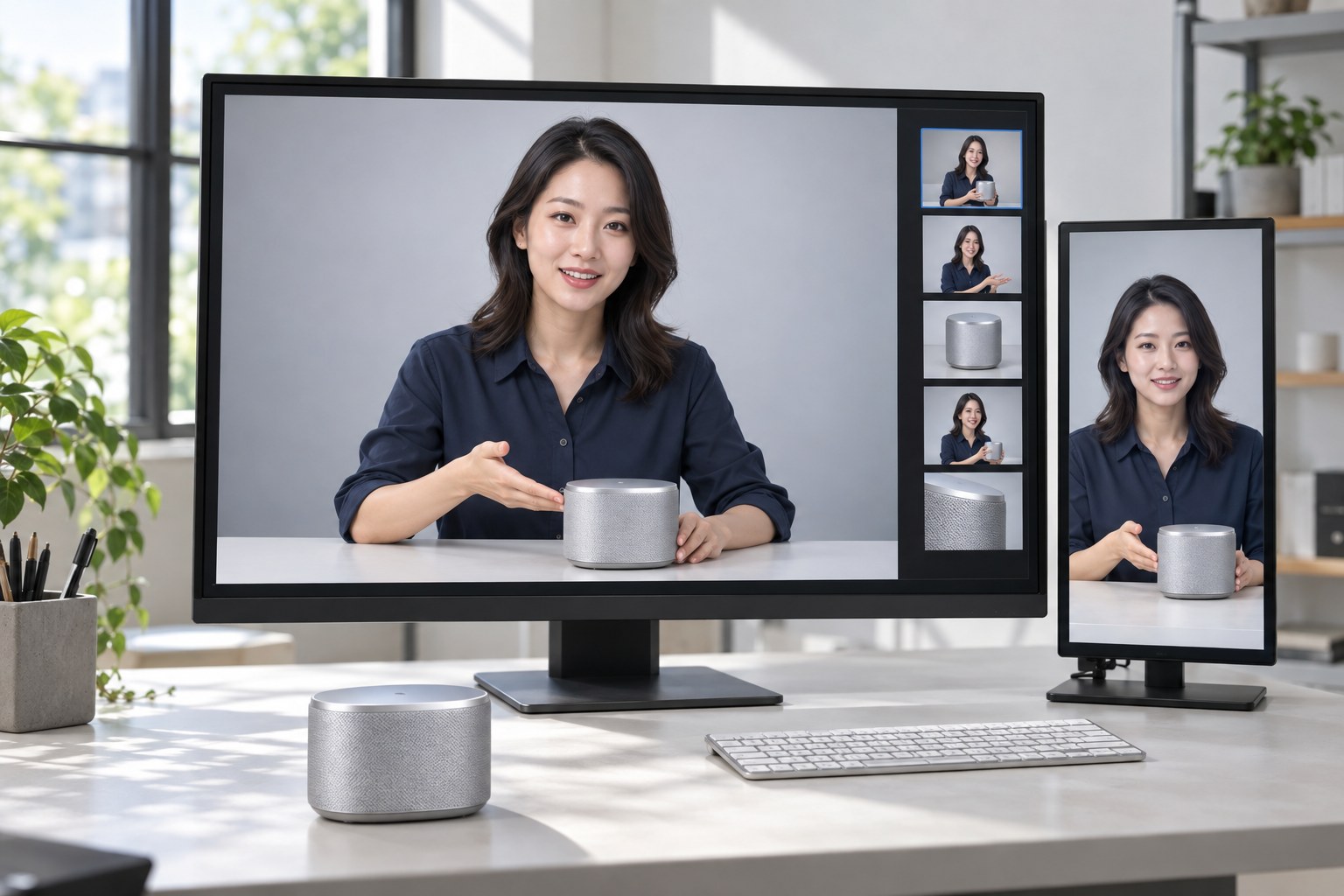 横竖屏中的虚拟讲解员展示产品，AI 生成的数字人直播场景示意